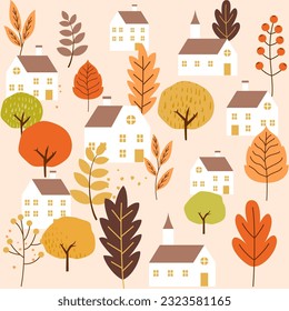 Autumn landscape and autumn leaves seamless pattern. illustration background.