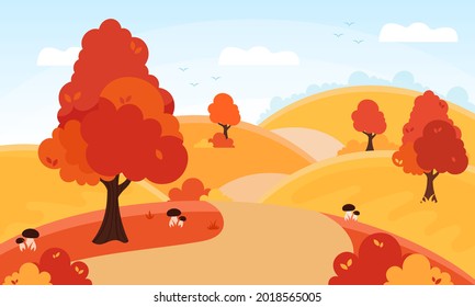 Autumn landscape with lettering. Country road. Forest path through golden color hills. Forest and fields. Fall season, countryside view. Flat style vector illustration. For banner, print, poster..  
