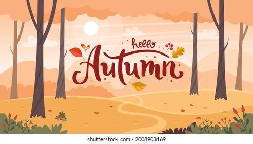 Herbstlandschaft mit Schrift. Landschaftliche Landschaft. Vektorgrafik in Flachstil