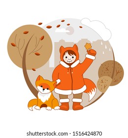 Autumn landscape. Little girl in a Fox costume with a little Fox. Vector image on a white background. Children's illustration.