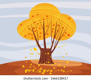 Autumn landscape lonely tree in trend style flat cartoon panorama horizon. Illustration vector isolated banner postcard poster