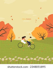 autumn landscape and lovely couple illustration