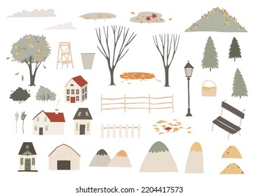 Autumn landscape map creator elements collection, isolated on white. Trees, foliage, hills, houses, park, town and outdoor elements. Vector cute cartoon flat illustration, sticker set bundle 