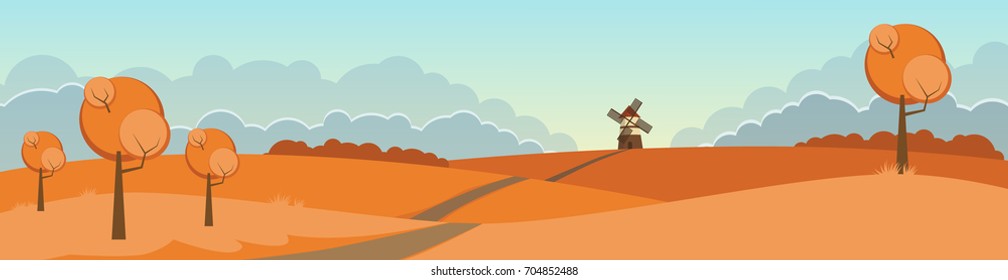 Autumn landscape with a mill and hills. Panorama.