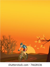 Autumn landscape with a mountain biker.  Please see also summer, spring and winter versions.