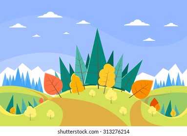 Autumn Landscape Mountain Forest Road Blue Cloud Sky With Sun Tree Woods Flat Design Vector Illustration