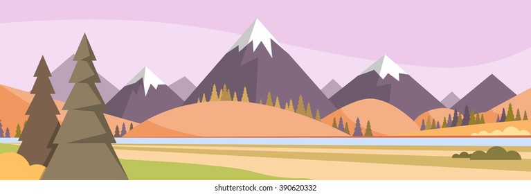 Autumn Landscape Mountain Forest Sky Woods Flat Design Vector Illustration