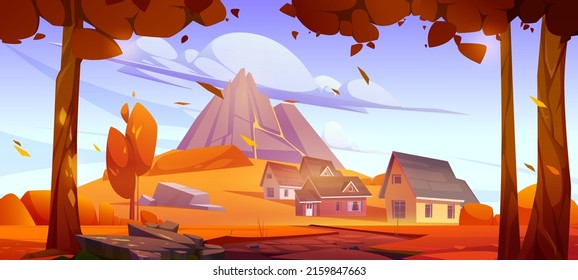 Autumn landscape with mountain, village houses and trees. Vector cartoon illustration of country scene of orange valley with cottages on foothills of sleeping volcano