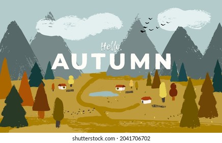 Autumn landscape with mountains, farmhouses and forest. Artistic outdoor background illustration.