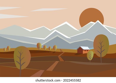 Autumn landscape. Mountains and fields with trees. The sky and the sun.