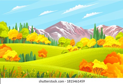 Autumn landscape with mountains, green hills, autumn and yellow trees, view at autumn scenery, nature concept, nobody, blue sky with clouds, ecological, non-urban, scene of countryside, wild