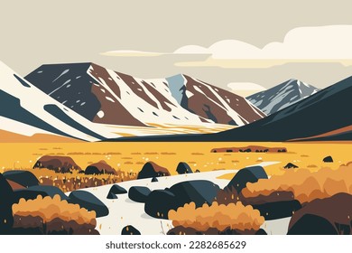 Autumn landscape with mountains and lake. Vector illustration in flat style. Tundra with snowy fields