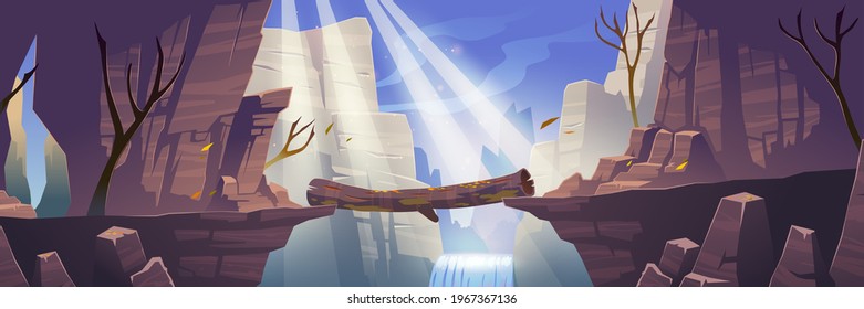 Autumn landscape with mountains, log bridge above river, waterfall and bare trees. Vector cartoon illustration of precipice between cliffs with rocks, water stream and sunlight rays