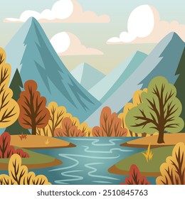 Autumn landscape with mountains, river and autumn forest. Autumn background. Flat style. Vector illustration