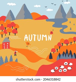 Autumn landscape. Mountains, river, hills, trees, a cozy house, a flock of sheep. Vector background.  Perfect for a postcard or poster