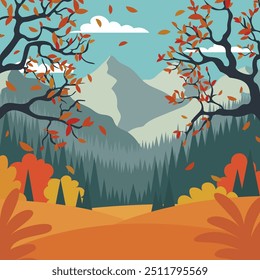 Autumn landscape with mountains and trees. Vector illustration