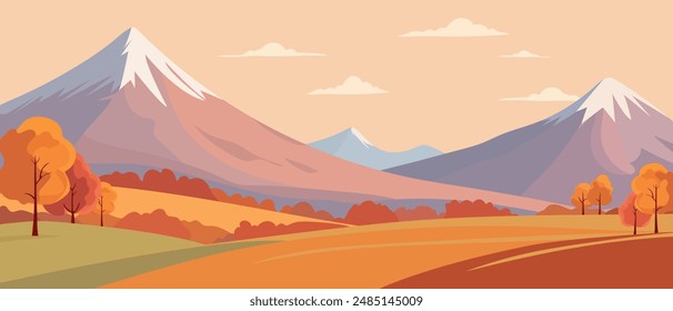 Paisaje otoñal con montañas. Vector otoño paisaje otoño dorado.