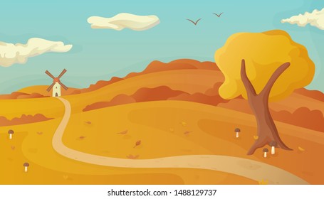 Autumn landscape with mushrooms and fallen leaves background