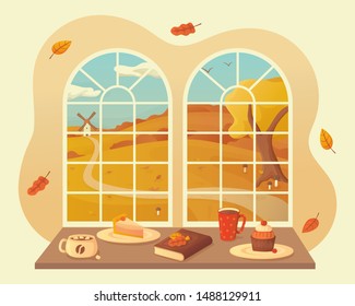 Autumn landscape with mushrooms and fallen leaves view window background