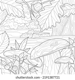 Autumn landscape with mushrooms.Coloring book antistress for children and adults. Zen-tangle style. Hand draw