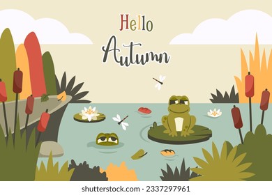 Autumn landscape. Nature background with frogs, foliage, reed, rocks, lotus, flying insects, wildlife. Cute toads siiting on leaf in pond. Cartoon character face. Clipart. Vector flat illustration