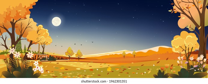 Autumn landscape at night Sky with full Moon,star and dark blue sky,Panoramic of mid autumn with farm field,mountain,wild grass and leaves falling from tree in orange foliage.Wonderland in fall season