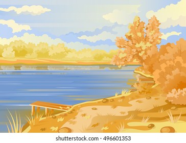 Autumn landscape in the open air. River bank. Bridge pier on the background of the pond. Cloudy sky. Shrubs and trees in pastel colors. Vector illustration.