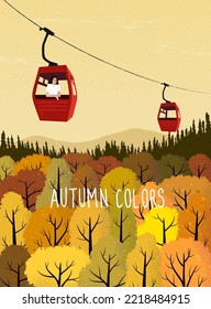 Autumn landscape and orange forest. Cableway in mountains. village, tree, leaves. Countryside. Rustic background for poster, banner, card, brochure or cover. Hand drawn style. Flat vector illustration