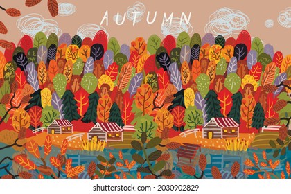 autumn landscape and orange forest. Vector illustration of trees, nature, village, houses, lake and leaves. Drawing for background, pattern or banner