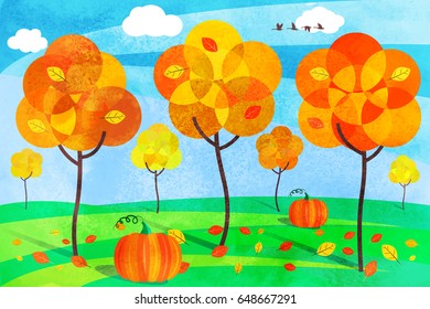 Autumn landscape with orange leaves on the trees. Landscape in flat style.