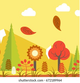 Autumn landscape with orange leaves and yellow grass