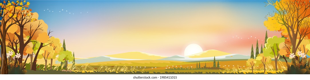 Autumn landscape with orange, pink and blue sky in evening,Backdrop of wide panorama view nature harvest farm fields in Mid autumn, Cartoon background banner of wonderland fantasy in fall seasons