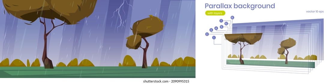 Autumn landscape with orange trees and bushes in rain. Vector parallax background for 2d animation with cartoon illustration of thunderstorm with lightning and falling water drops