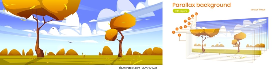Autumn landscape with orange trees, bushes and lawn. Vector parallax background for 2d animation with cartoon illustration with meadow, falling leaves, clouds and flying birds