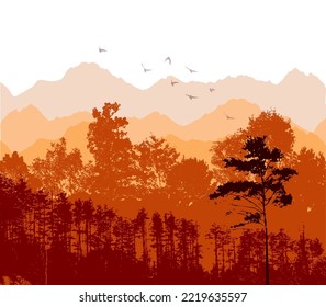 Autumn landscape with orange trees. Vector illustration