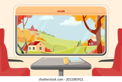 Autumn landscape outside the train window. Empty carriage. Traveling by rail in autumn. Vector colorful illustration. View from the window. Landscape with trees, houses and hills.