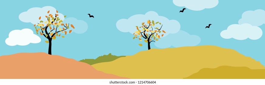 autumn landscape panorama with deciduous tree, meadow, birds and blue cloudy sky