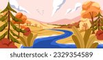 Autumn landscape panorama. Fall nature, river, yellow trees, grass, plants, hills. Serene calm peaceful countryside rural scenery, water, sky horizon with clouds and birds. Flat vector illustration