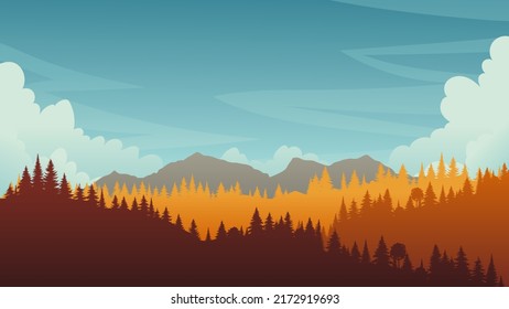 Autumn landscape. Panoramic of forest landscape silhouette with oak, pine. Cartoon yellow orange fall tree and mountains fall season gold leaves for national park with blue sky in evening.