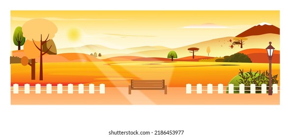 Autumn landscape panoramic view with foliage, trees, rustic cottage and copy space. Vector illustration.