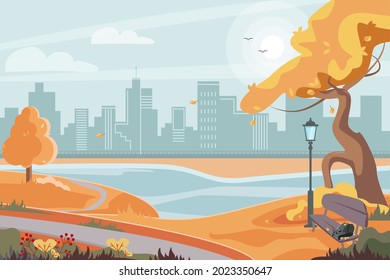 Autumn landscape of a park with a bench and a lantern overlooking the city. The cat on the bench. Background for inscription. Vector illustration.