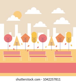 autumn landscape park bench tree falling leaves city background