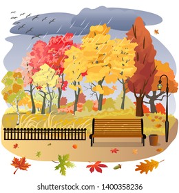 Autumn landscape, park with leaves, fence, bench and street lamp.