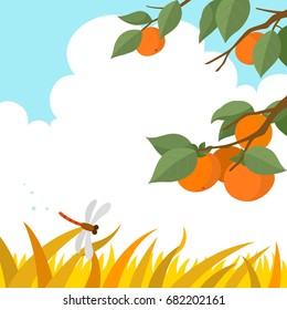Autumn landscape with persimmon tree and dragonfly