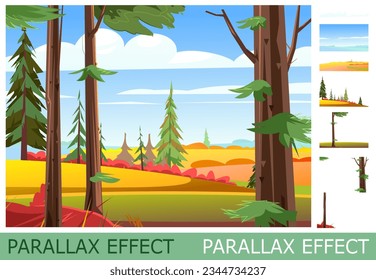 Autumn landscape in pine forest. View of rural fields. set of slides create parallax image layer. Cartoon style. Isolated on white background. Vector.