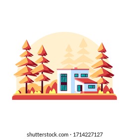 Paisaje otoñal con pinos y villa moderna aislada sobre fondo blanco. Casa moderna, casa de bosque, diseño de concepto inmobiliario. Ilustración vectorial de estilo plano
