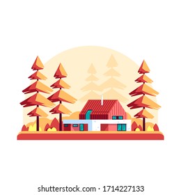 Autumn landscape with pine trees and modern villa isolated on white background. Modern house, forest home, real estate concept design. Flat style vector illustration