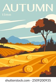 Autumn landscape poster. Beautiful natural panorama and rural scene. Agriculture field with haystacks and tree. Flyer, booklet and leaflet. Fall season nature. Cartoon flat vector illustration