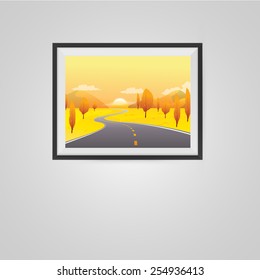 Autumn Landscape Poster in a Frame on Wall. Vector illustration.