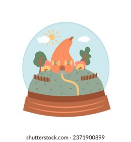 autumn landscape, pumpkin house, gift glass ball. Vector Illustration for printing, backgrounds and packaging. Image can be used for greeting cards, posters and stickers. Isolated on white background.